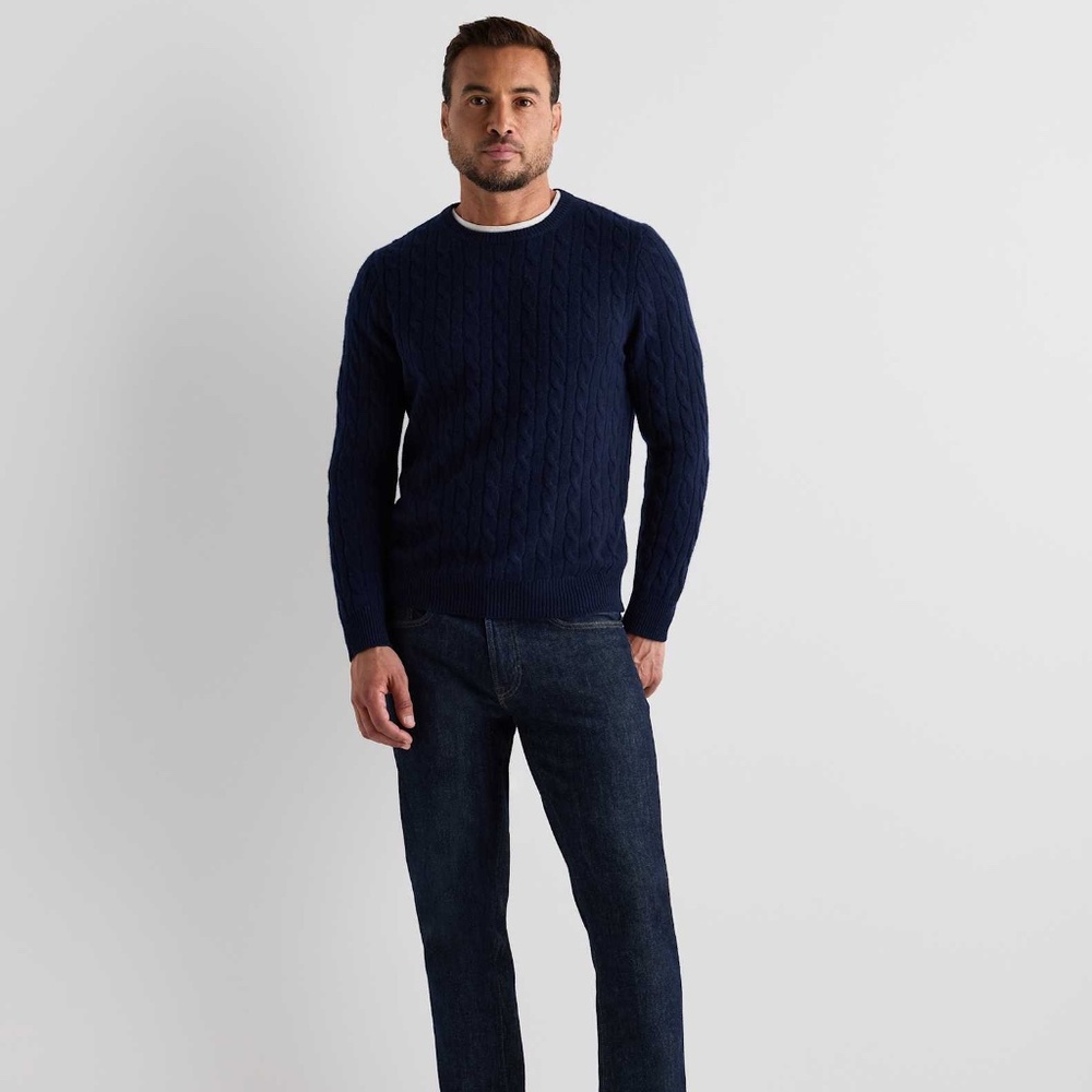 Quince Mens Mongolian Cashmere Classic Cable Crewneck Sweater Navy M